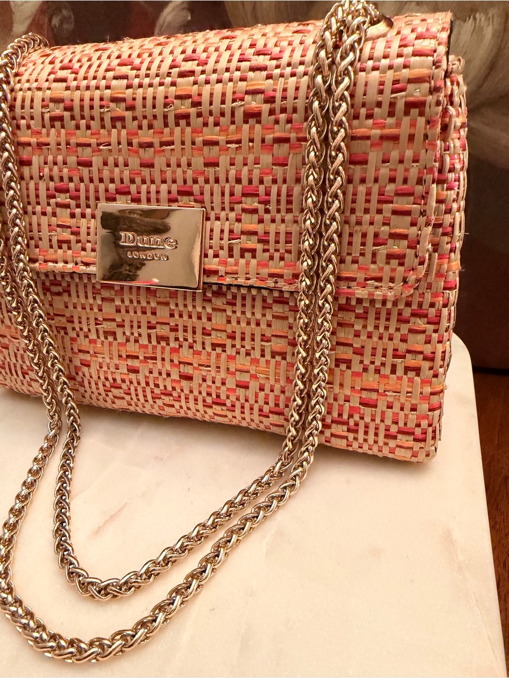 Dune London Pink Multicolor Raffia Woven Shoulder Bag w/Gold Chain (Like New) - Picture 4 of 12